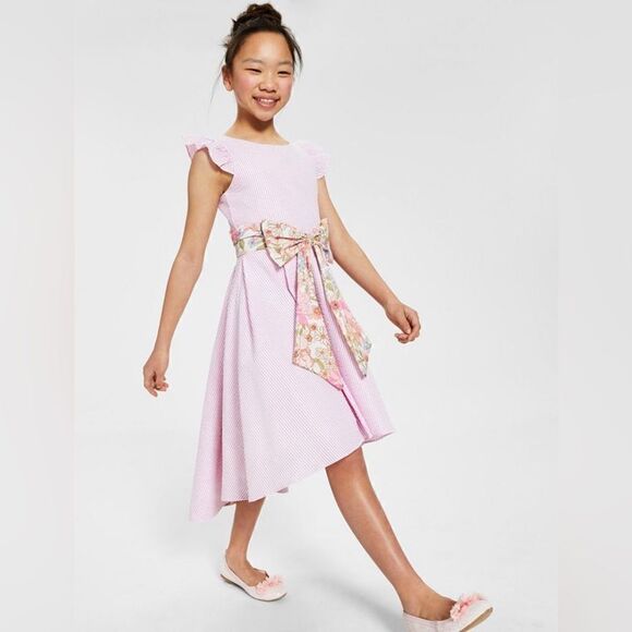 Rare Editions blue & white seersucker Sleeveless Flutter high low Dress sz 16 - Picture 3 of 8